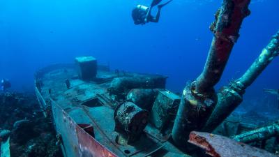 Scuba diver swimming over the stern of the Willaurie wreck